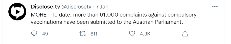 A screenshot of a tweet from Disclose reporting that 61,000 complaints against compulsory vaccinations were submitted to austrian parliament