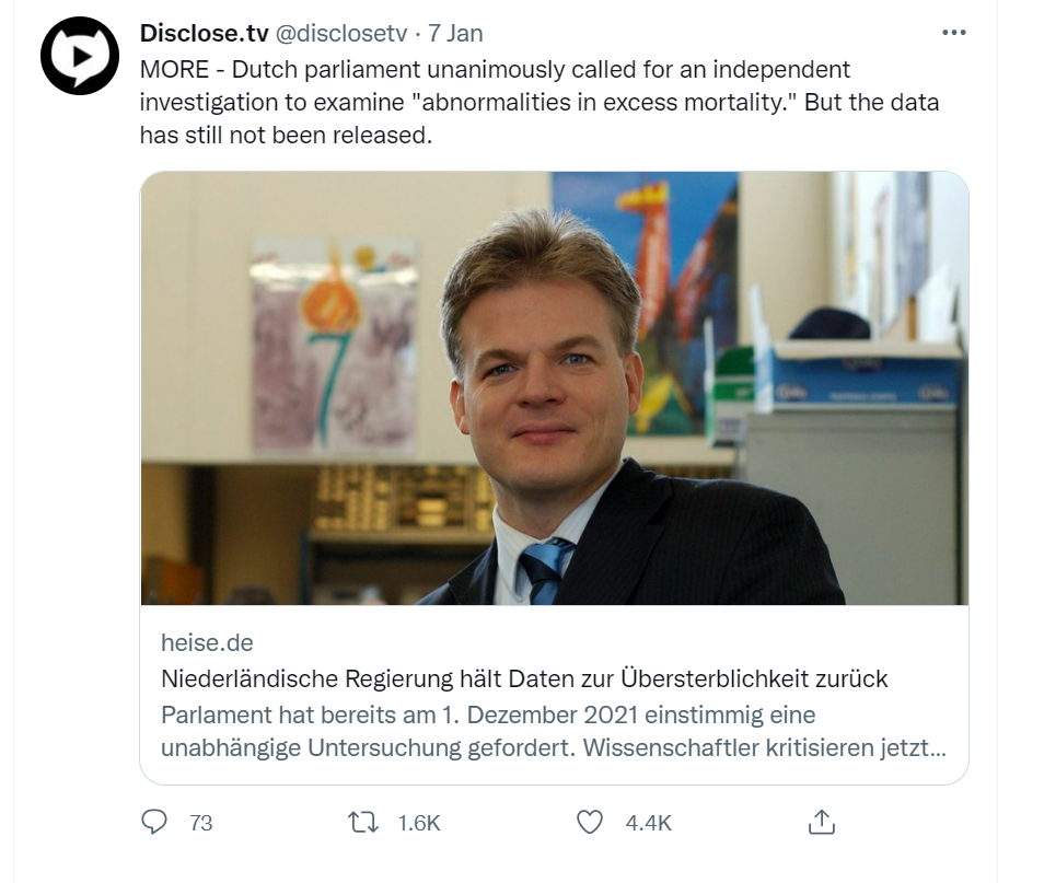 A screenshot of a tweet from Disclose saying that the Dutch parliament called for examination into "abnormalities in excess mortalities"