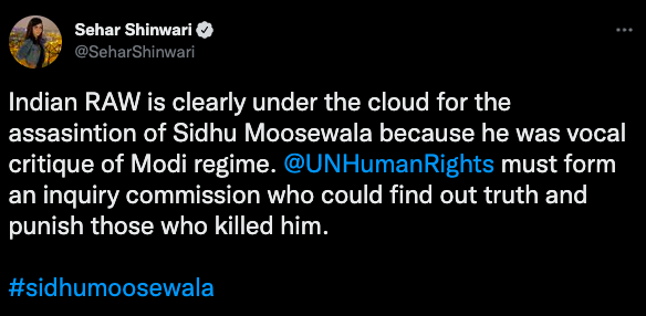 Tweet reads: Indian RAW is clearly under the cloud for the assassination of Sidhu Moose Wala because he was vocal critic of Modi regime. @UNHumanRights must form an inquiry commission who could find out truth and punish those who killed him. #SidhiMooseWala  