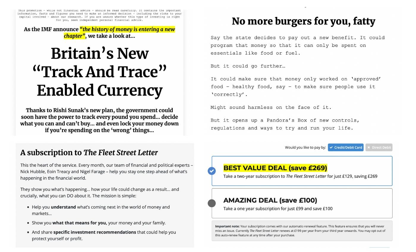 Screenshots from a crank newsletter. Visible text includes "Britain's new Track and Trace enabled currency" and "No more burgers for you, fatty." The newsletter includes two subscription options, one is "best value deal" and the other "amazing deal", both of which cost at least £100