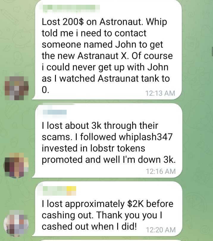 Message reads: I lost 3k through their scams. I followed whiplash 347 invested in lobstr tokens promoted and well I'm down 3k.