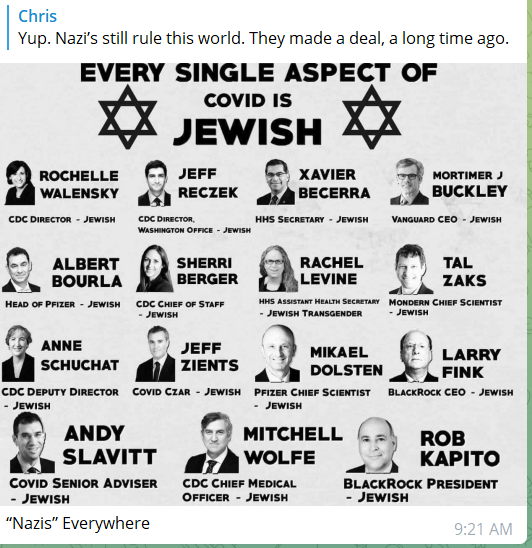 An image from Telegram with numerous portraits of public health officials, claiming that "every aspect of COVID is Jewish"