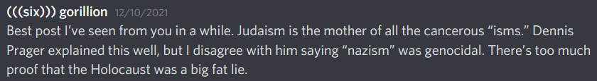 A post from a Discord user denying the holocaust