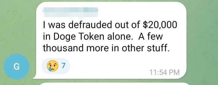 Message reads: I was defrauded out of $20,000 in Doge Token alone. A few thousand more in other stuff.