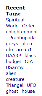 A tag cloud from Disclose's 2007 hompage showing popular topics, like aliens and CIA