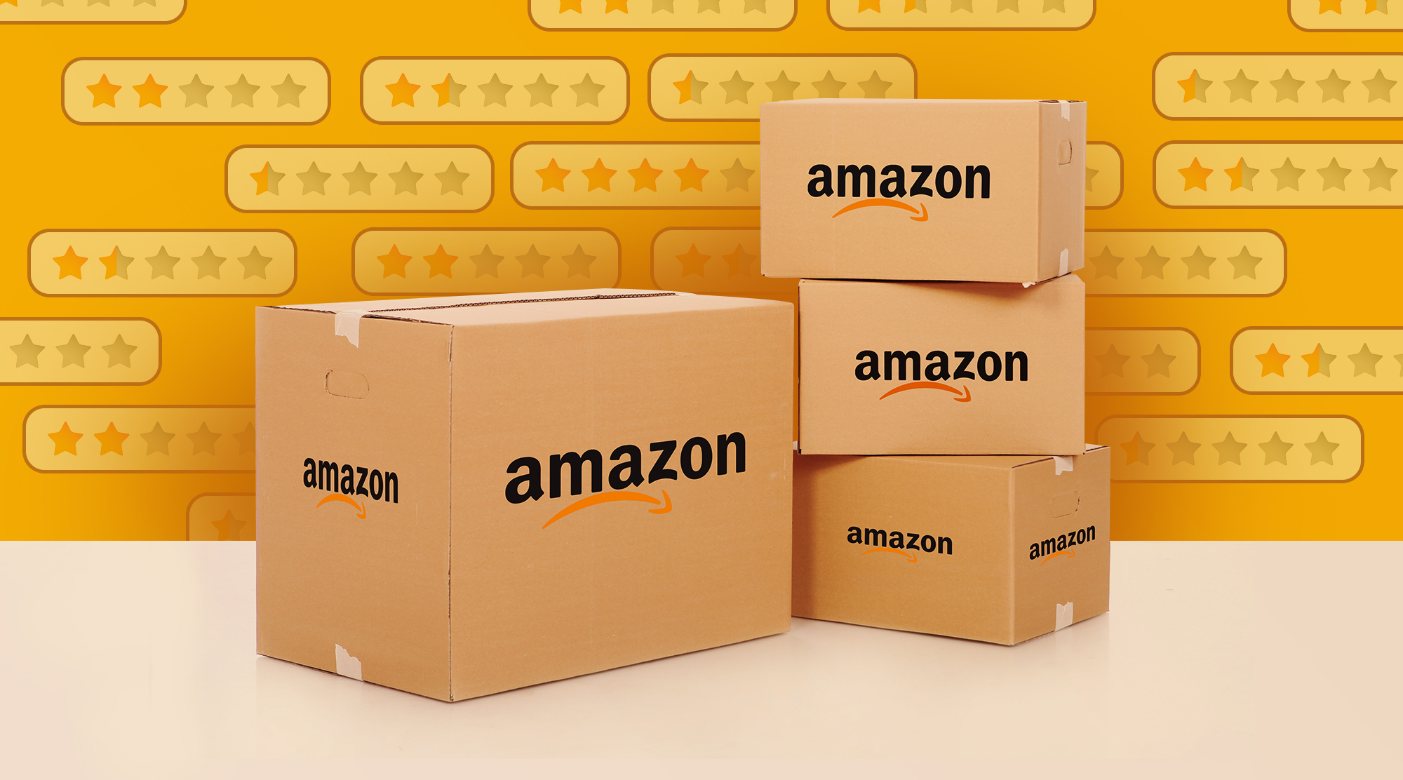 Image of several brown cardboard Amazon boxes with smiley face branding altered so the directive arrow points downward to suggest a sad face, against an orange background of star review symbols